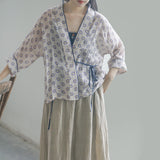 Printed Cardigan Slanted Contrast Cheongsam Top